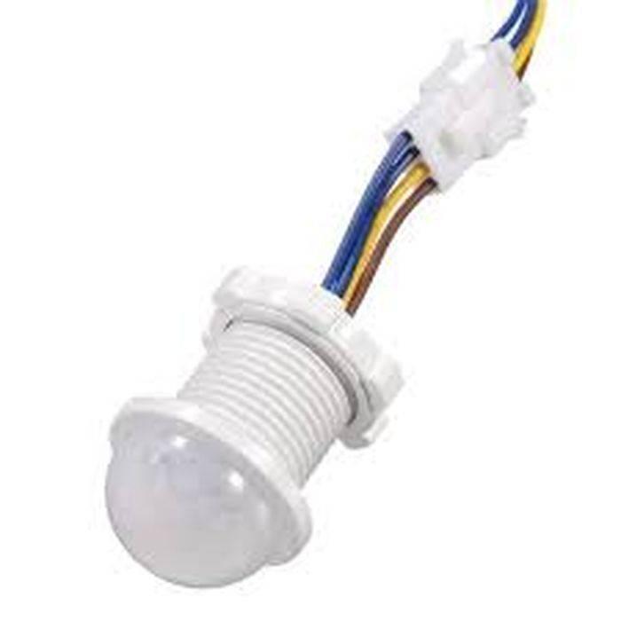 20mm Motion Sensor Light Switch - shown as a white, threaded cylindrical sensor with a dome lens, attached to a multi-colored wire harness and connector.