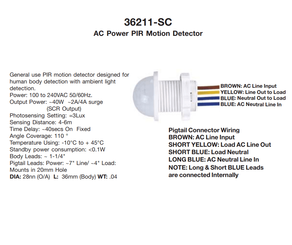 20mm Motion Sensor Light Switch - shown in a technical diagram with a white sensor head, four coloured wire leads, and text describing wiring and specs.