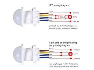 20mm Motion Sensor Light Switch - shown in two wiring diagrams for LED and energy-saving lamps, illustrating the connection of brown, yellow, and blue wires.