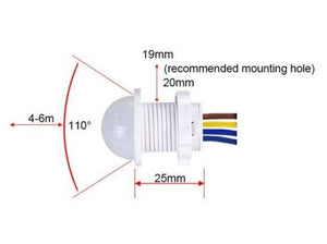 20mm Motion Sensor Light Switch - shown in a technical diagram with dimensions, a 110-degree detection angle, and four colored wires extending from the back.