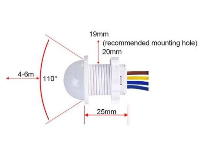 20mm Motion Sensor Light Switch - shown in a technical diagram with dimensions, a 110-degree detection angle, and four colored wires extending from the back.