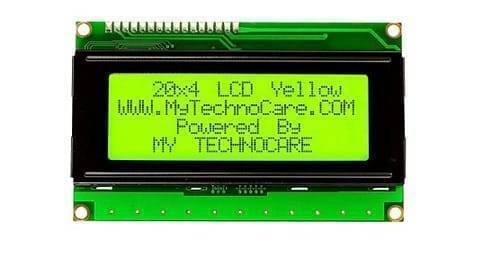 20x4 Green JHD204A Character LCD Display - green text on a yellow screen with a header pin connector at the top.