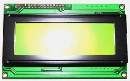 20x4 Green JHD204A Character LCD Display - a rectangular green screen module with a black bezel and a row of 16 connection pins along the top edge.