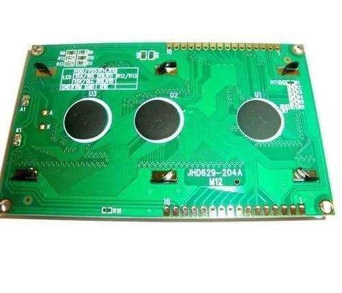 20x4 Green JHD204A Character LCD Display - the green rectangular circuit board with three black chip-on-board components and 16 connection pins.