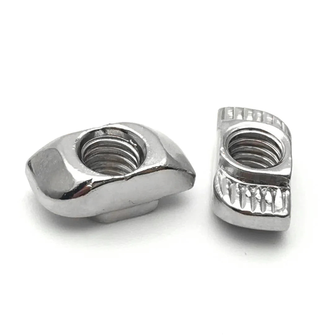 20XM4 T Nut Sliding T Nut Hammer Drop In Nut Fasten Connector M4 Series - two silver-colored metal T-nuts shown from different angles on a white background.