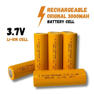 21700 3.7V 3000mA Lithium Ion Cell - several yellow cylindrical batteries with printed text, arranged in a group on a white background.