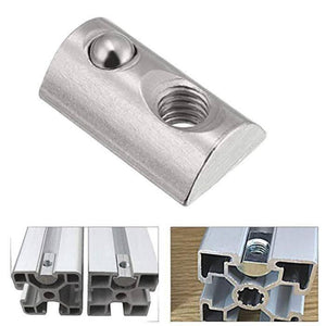 21mm x 13mm x 7mm M8 T Nut, Roll Ball Elastic Nuts For 4040 - a close-up of the silver metal fastener and its application in aluminum profiles.