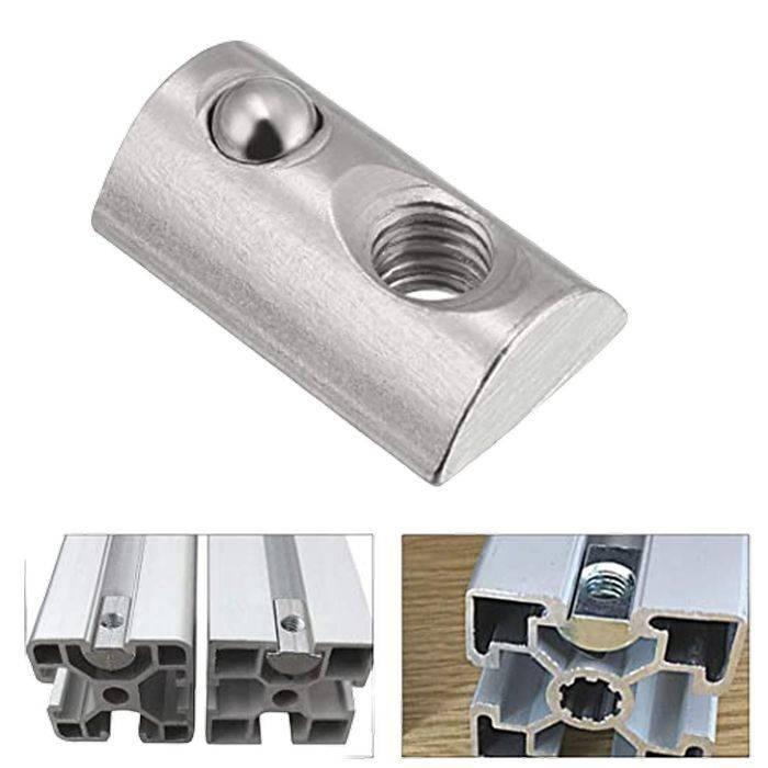 21mm x 13mm x 7mm M8 T Nut, Roll Ball Elastic Nuts For 4040 - a close-up of the silver metal fastener and its application in aluminum profiles.