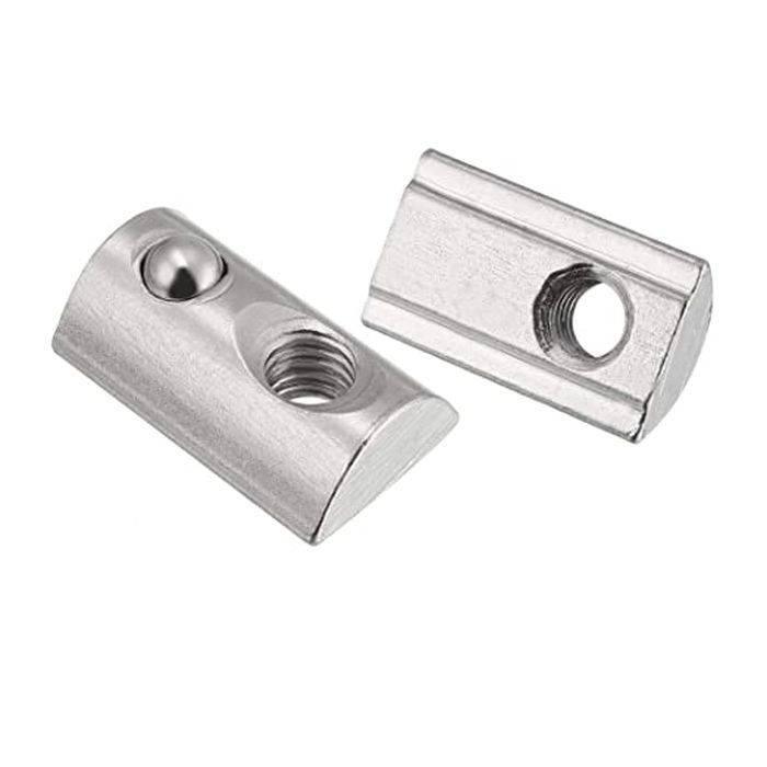 21mm x 13mm x 7mm M8 T Nut, Roll Ball Elastic Nuts For 4040 - two silver-colored metal T-nuts with threaded holes and spring-loaded ball bearings.