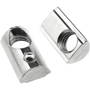 21mm x 13mm x 7mm M8 T Nut, Roll Ball Elastic Nuts For 4040 - close-up view of two silver-colored, cylindrical metal T-nuts with threaded holes.