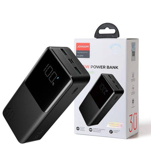 22.5W 30000mAh Power Bank 2 Inputs + 3 Output Power Bank LED Display Pd 3.0 Qc 3.0 - shown in black with a digital LED display reading 100%, next to its retail box featuring 3 output ports and branding.