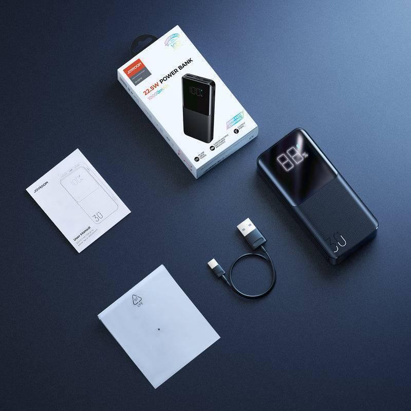 22.5W 30000mAh Power Bank 2 Inputs + 3 Output Power Bank LED Display Pd 3.0 Qc 3.0 - Joyroom 22.5W 10000mAh Power Bank box contents, including a black power bank with an LED display showing 88%, a manual, a USB cable, and packaging.