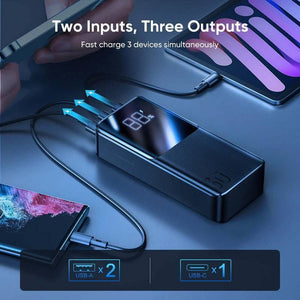 22.5W 30000mAh Power Bank 2 Inputs + 3 Output Power Bank LED Display Pd 3.0 Qc 3.0 - a black rectangular power bank with an LED display reading 88% and three cables charging a phone and tablet.