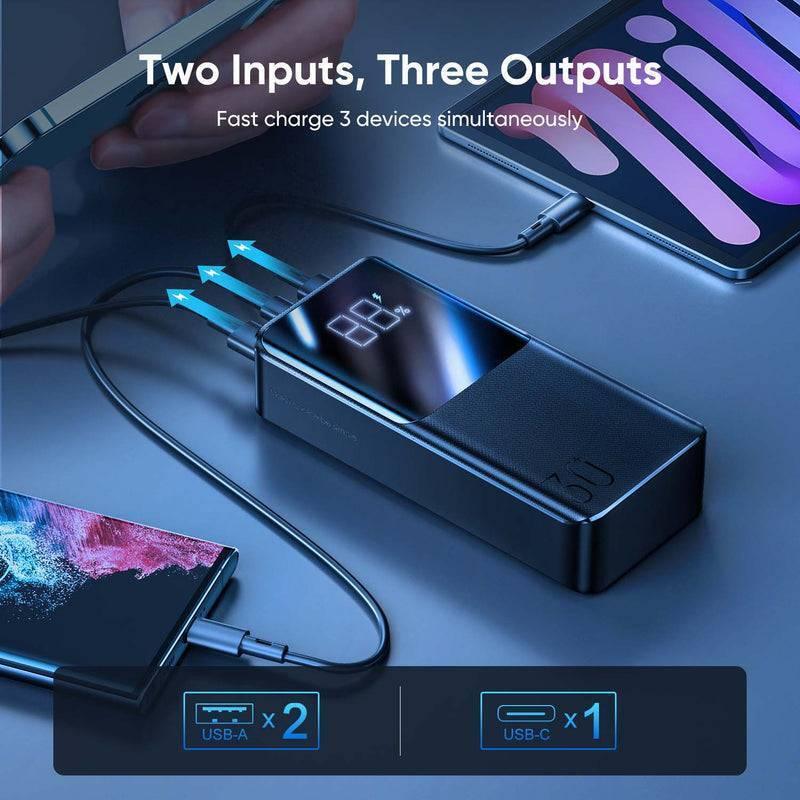 22.5W 30000mAh Power Bank 2 Inputs + 3 Output Power Bank LED Display Pd 3.0 Qc 3.0 - a black rectangular power bank with an LED display reading 88% and three cables charging a phone and tablet.