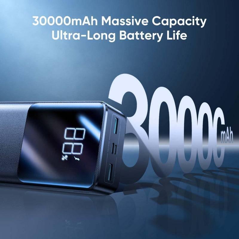 22.5W 30000mAh Power Bank 2 Inputs + 3 Output Power Bank LED Display Pd 3.0 Qc 3.0 - a dark grey rectangular power bank with a digital LED display reading 88% and visible USB ports on the side.