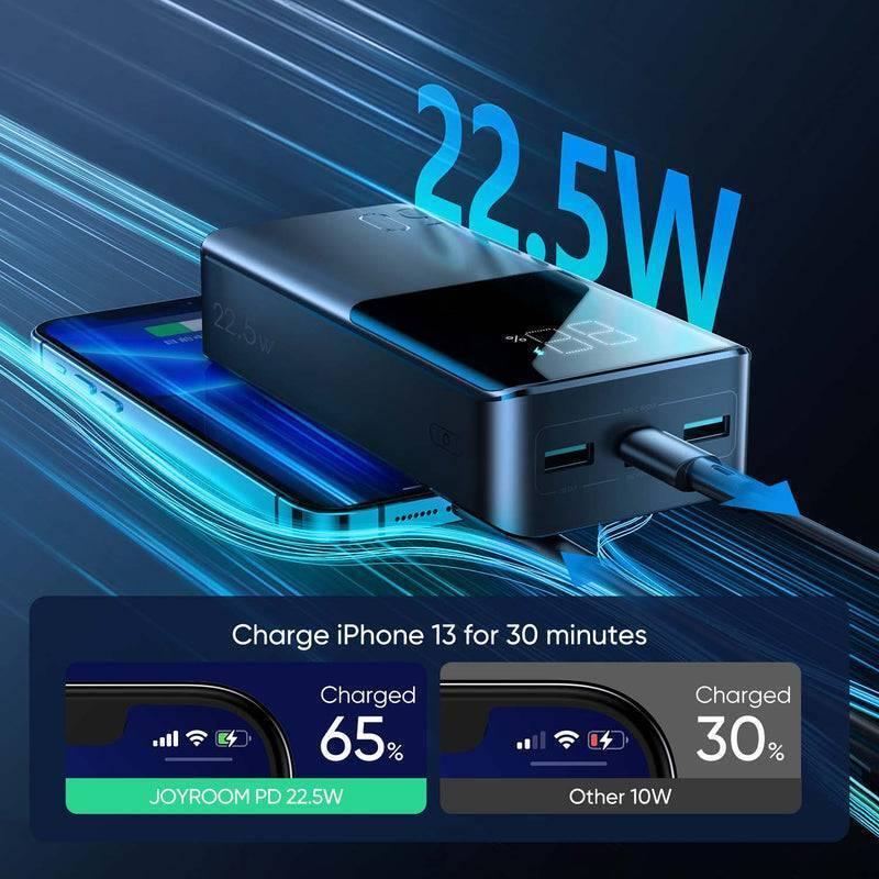 22.5W 30000mAh Power Bank 2 Inputs + 3 Output Power Bank LED Display Pd 3.0 Qc 3.0 - a dark blue rectangular power bank with a digital LED display, two ports, and a charging cable connected to an iPhone.