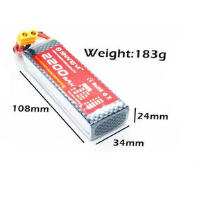 2200mAh 11.1V 25C 3s LiPo Battery Rc Drone Plane - shown in a dimension diagram with its weight, length, width, and height labeled with yellow connectors.