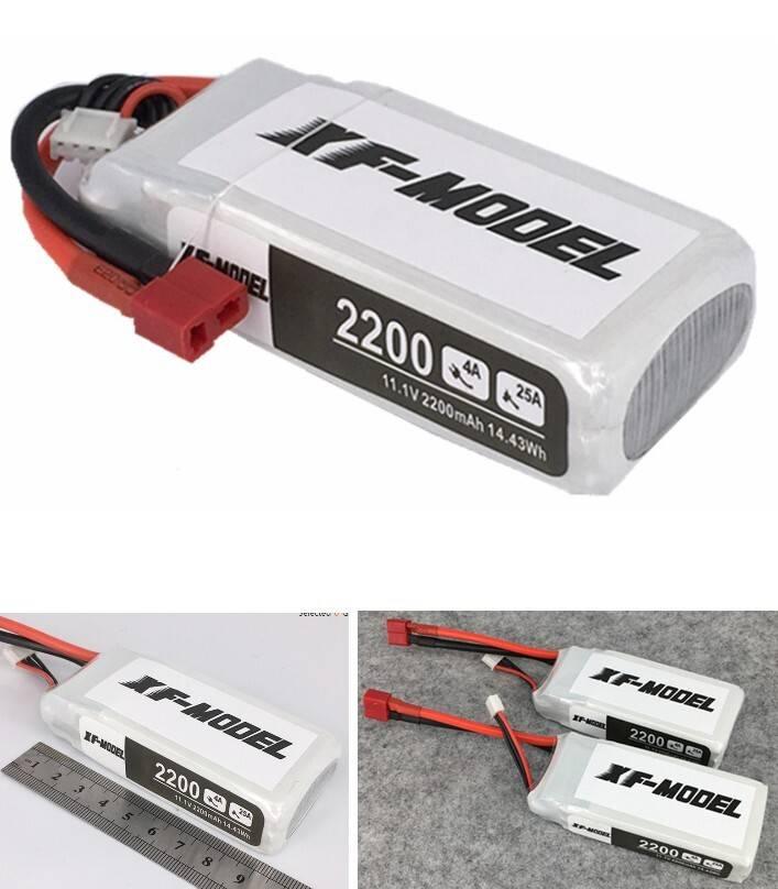 2200mAh 11.1V 25C LiPo Battery Xf Model Li-Po Quadcopter - a white rectangular battery pack with a red T-connector and a white balance plug, including size views.