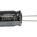 2200uF 16V Electrolytic Capacitor - shown as a black cylindrical component with two metal wire leads extending from one end and printed text visible.