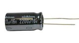 2200uF 16V Electrolytic Capacitor - shown as a black cylindrical component with two metal wire leads extending from one end and printed text visible.