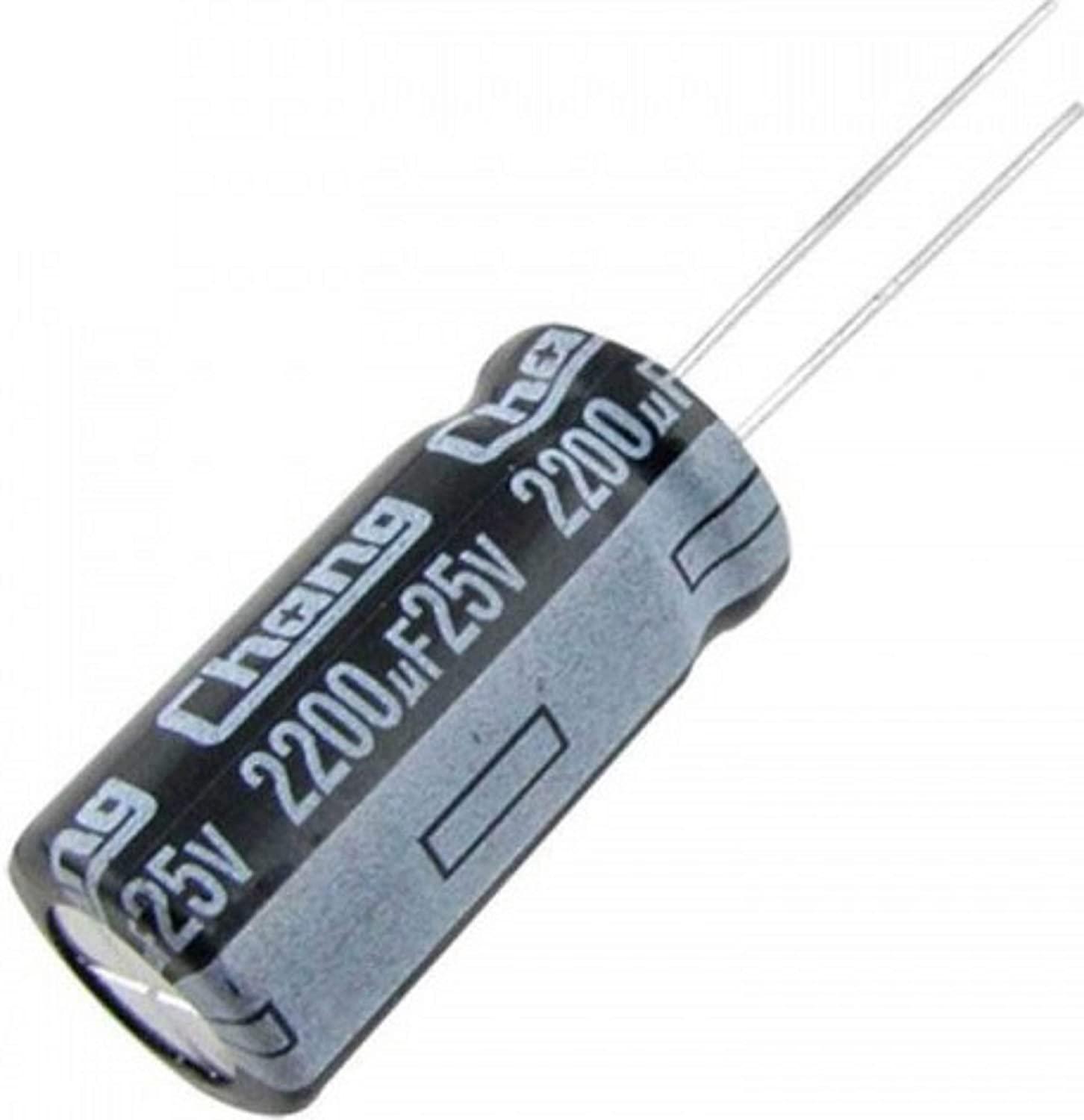 2200uF 25V Capacitor - a black cylindrical electrolytic capacitor with two metal wire leads and white text printed on its side.