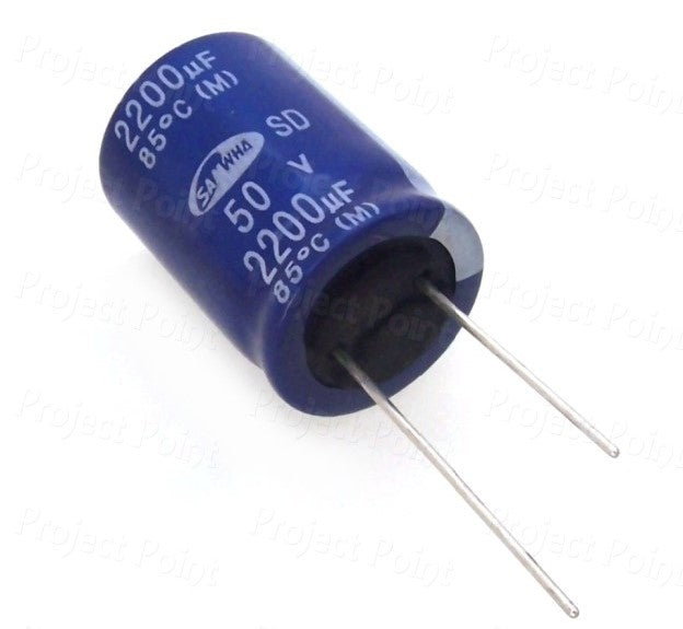 2200uF 50V Best Quality Electrolytic Capacitor - a blue cylindrical electronic component with two metal leads extending from its black base.