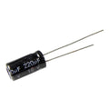 220uF 16V Electrolytic Capacitors - a black cylindrical electronic component with two metal leads extending from one side, printed with 220uF and 16V.