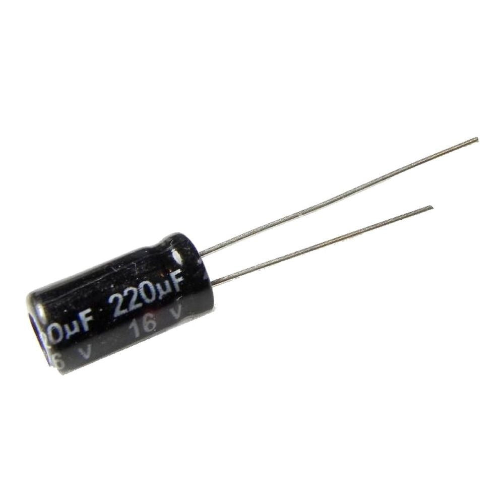 220uF 16V Electrolytic Capacitors - a black cylindrical electronic component with two metal leads extending from one side, printed with 220uF and 16V.