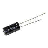 220uF 16V Electrolytic Capacitors - a black cylindrical electronic component with two metal leads extending from one side, printed with 220uF and 16V.