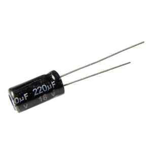 220uF 16V Electrolytic Capacitors - a black cylindrical electronic component with two metal leads extending from one side, printed with 220uF and 16V.