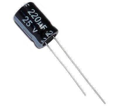 220uF 25V Electrolytic Capacitors - a black cylindrical electronic component with two long metal leads and white printed text showing its specifications.