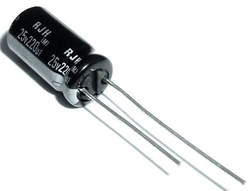 220uF 25V Electrolytic Capacitors - a black cylindrical electronic component with two long metal leads extending from one end.