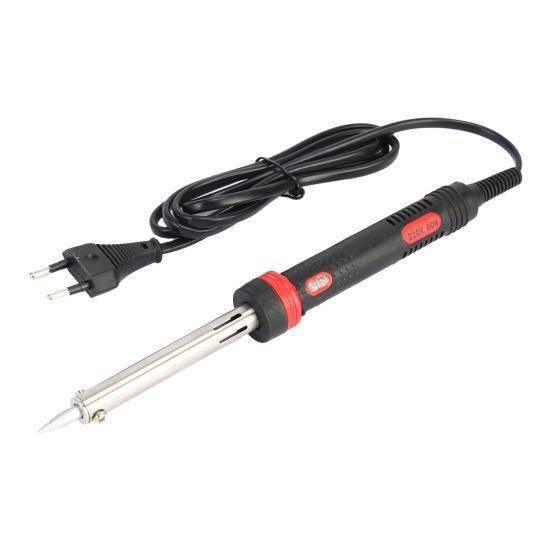 220V 100W Soldering Iron - shown as a black and red handheld tool with a metal tip, a power cord, and a two-pin plug.