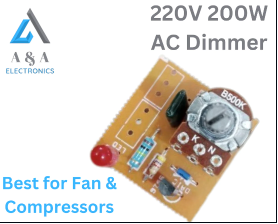 220V 200W AC Dimmer Potentiometer Switch Speed Compressor Controller - square brown circuit board featuring a red LED, a B500K potentiometer knob, and various electronic components.