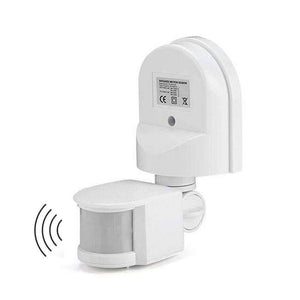 220V Automatic Infrared PIR LED Motion Sensor Detector Switch - a white wall-mounted motion sensor with an adjustable head and a cylindrical lens.