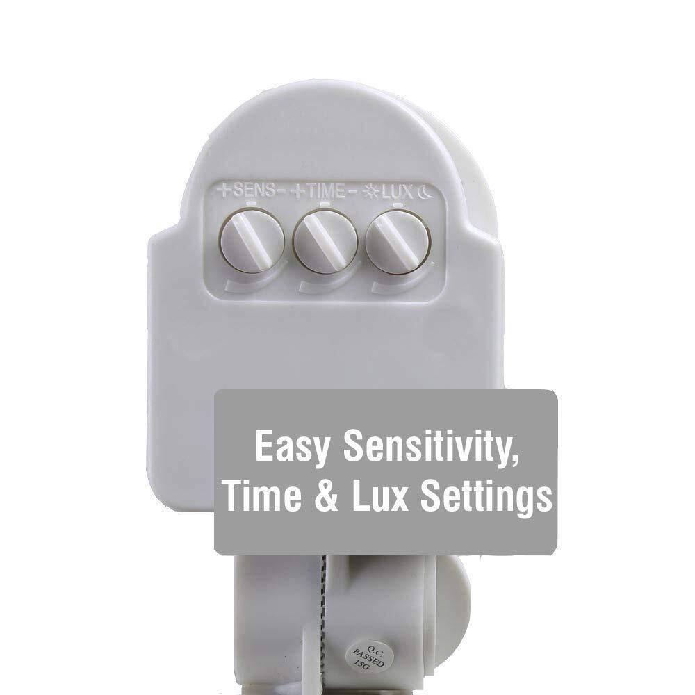 220V Automatic Infrared PIR LED Motion Sensor Detector Switch - a close-up of the white plastic housing with three adjustable control knobs.