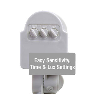 220V Automatic Infrared PIR LED Motion Sensor Detector Switch - a close-up of the white plastic housing with three adjustable control knobs.