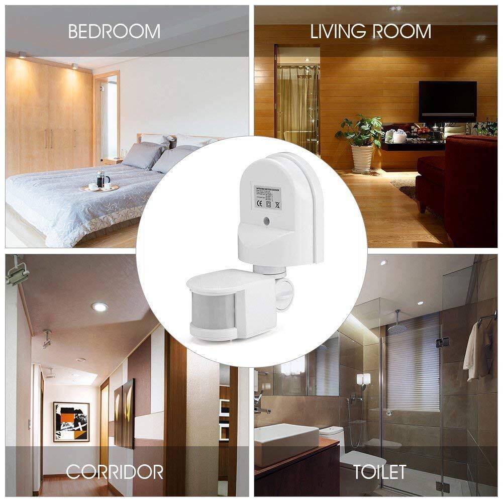 220V Automatic Infrared PIR LED Motion Sensor Detector Switch - shown as a white, adjustable device with a circular sensor head, set against room backdrops.