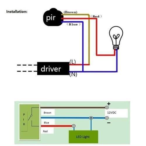 220V Automatic Infrared PIR Motion Sensor - two different connection schematics for the sensor, driver, and light.