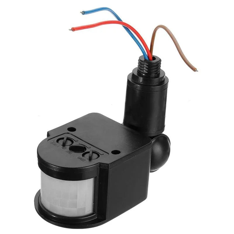 220V Automatic Infrared PIR Motion Sensor - a black plastic motion detector with a white sensor lens, three adjustment knobs, and three exposed wire leads.