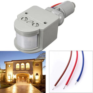 220V Automatic Infrared PIR Motion Sensor - a grey adjustable sensor unit with two control knobs and three coloured wires in a separate inset.