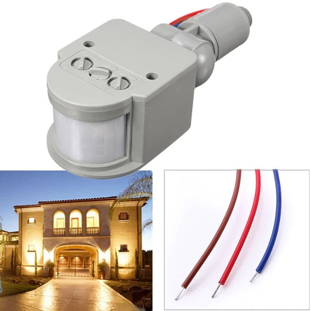 220V Automatic Infrared PIR Motion Sensor - a grey adjustable sensor unit with two control knobs and three coloured wires in a separate inset.