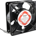 220V Cooling Fan 120mm x 120mm x 38mm 0.14A Dual Ball Bearings 4.75 Inch Fan - a black square axial fan with a central circular label showing technical specifications and two loose wire leads.