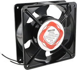 220V Cooling Fan 120mm x 120mm x 38mm 0.14A Dual Ball Bearings 4.75 Inch Fan - a black square axial fan with a central circular label showing technical specifications and two loose wire leads.