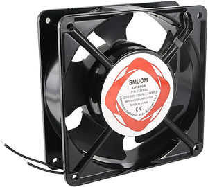 220V Cooling Fan 120mm x 120mm x 38mm 0.14A Dual Ball Bearings 4.75 Inch Fan - a black square axial fan with a central circular label showing technical specifications and two loose wire leads.