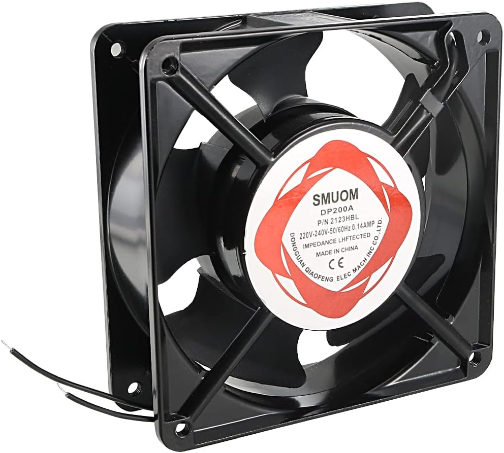 220V Cooling Fan 120mm x 120mm x 38mm 0.14A Dual Ball Bearings 4.75 Inch Fan - a black square axial fan with a central circular label showing technical specifications and two loose wire leads.
