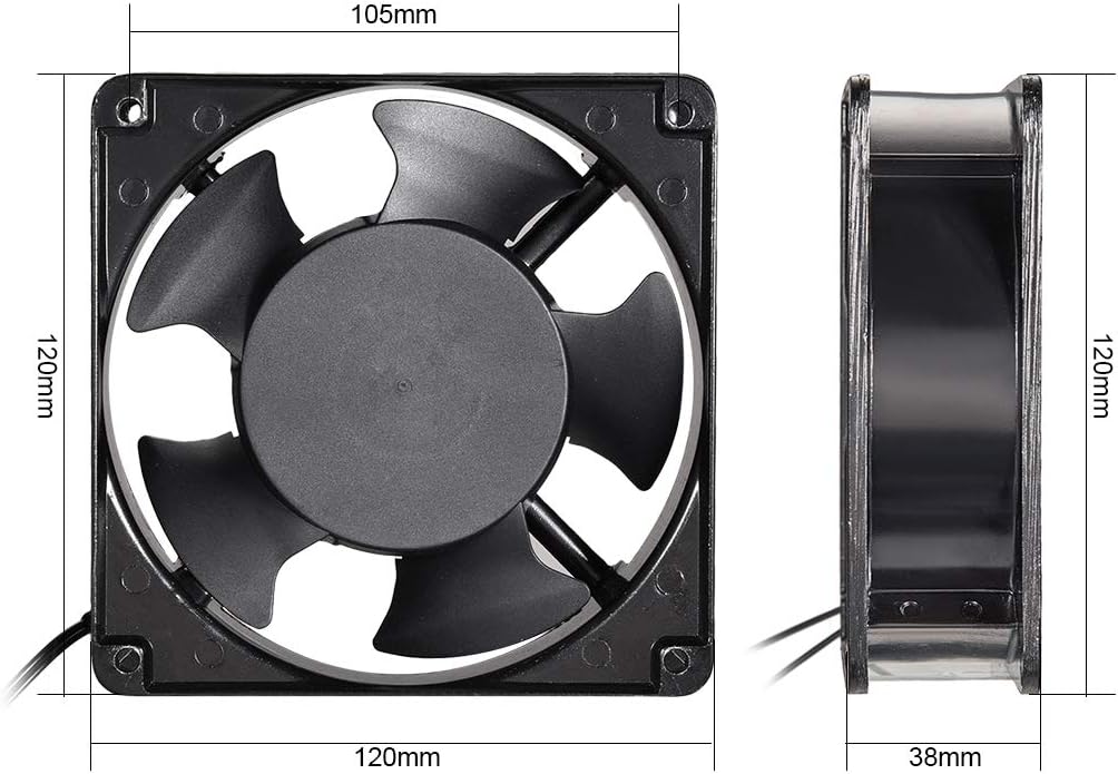 220V Cooling Fan 120mm x 120mm x 38mm 0.14A Dual Ball Bearings 4.75 Inch Fan - shown in a front and side view dimension diagram with labels indicating 105mm, 120mm, and 38mm measurements.