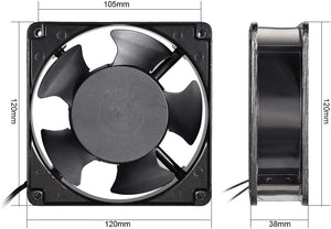 220V Cooling Fan 120mm x 120mm x 38mm 0.14A Dual Ball Bearings 4.75 Inch Fan - shown in a front and side view dimension diagram with labels indicating 105mm, 120mm, and 38mm measurements.