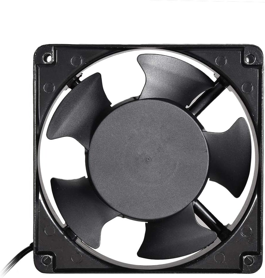 220V Cooling Fan 120mm x 120mm x 38mm 0.14A Dual Ball Bearings 4.75 Inch Fan - a black square-framed cooling fan with five blades and a power cable extending from the bottom left corner.