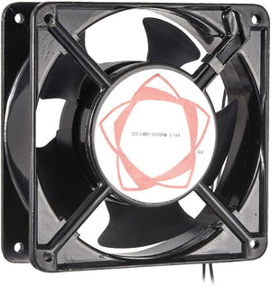 220V Cooling Fan 120mm x 120mm x 38mm 0.14A Dual Ball Bearings 4.75 Inch Fan - a black square axial fan with a central label showing 220-240V~50/60Hz 0.14A and two black power wires.